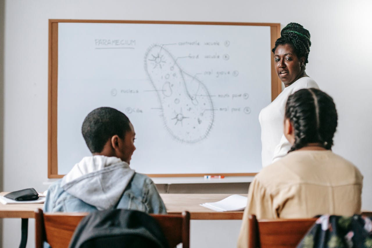 Back view of diverse children at desk listening to black female teacher at whiteboard during biology lesson